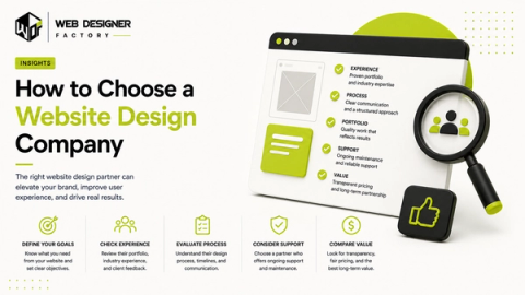 Browser mockup of a website design checklist covering experience, process, portfolio, support and value
