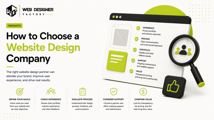 Browser mockup of a website design checklist covering experience, process, portfolio, support and value