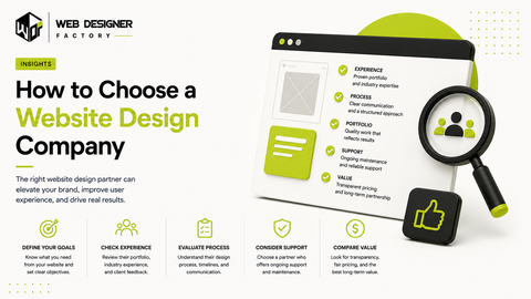 Browser mockup of a website design checklist covering experience, process, portfolio, support and value