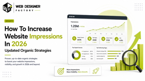Analytics dashboard mockup showing website impressions growth, top organic sources and top performing pages