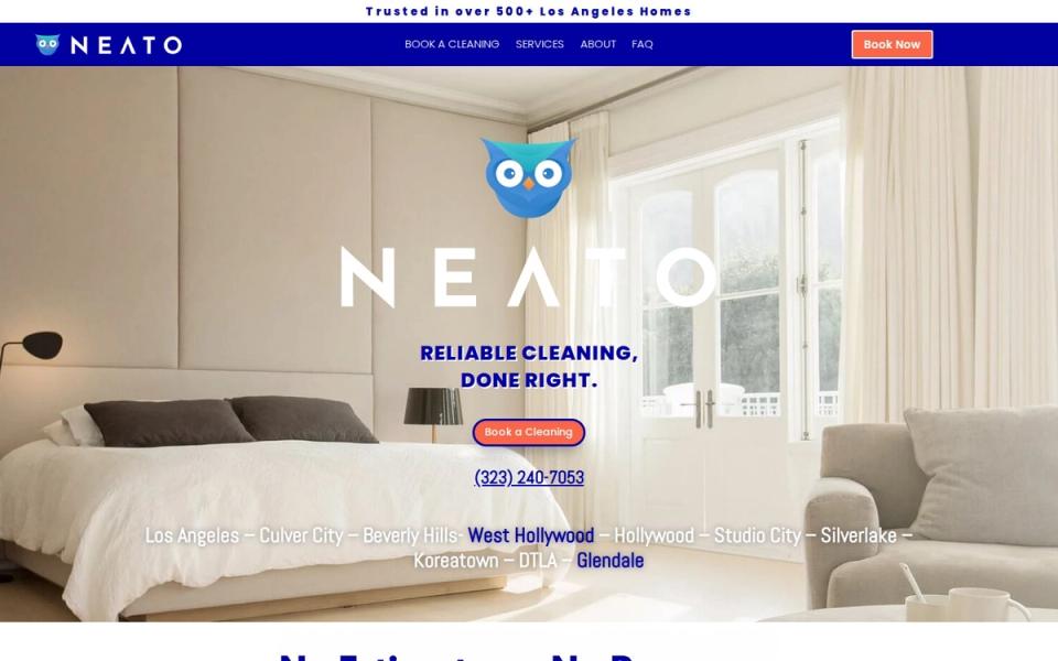 NeatO Cleaning's Los Angeles house-cleaning homepage, showing service tiles, booking CTA and client reviews