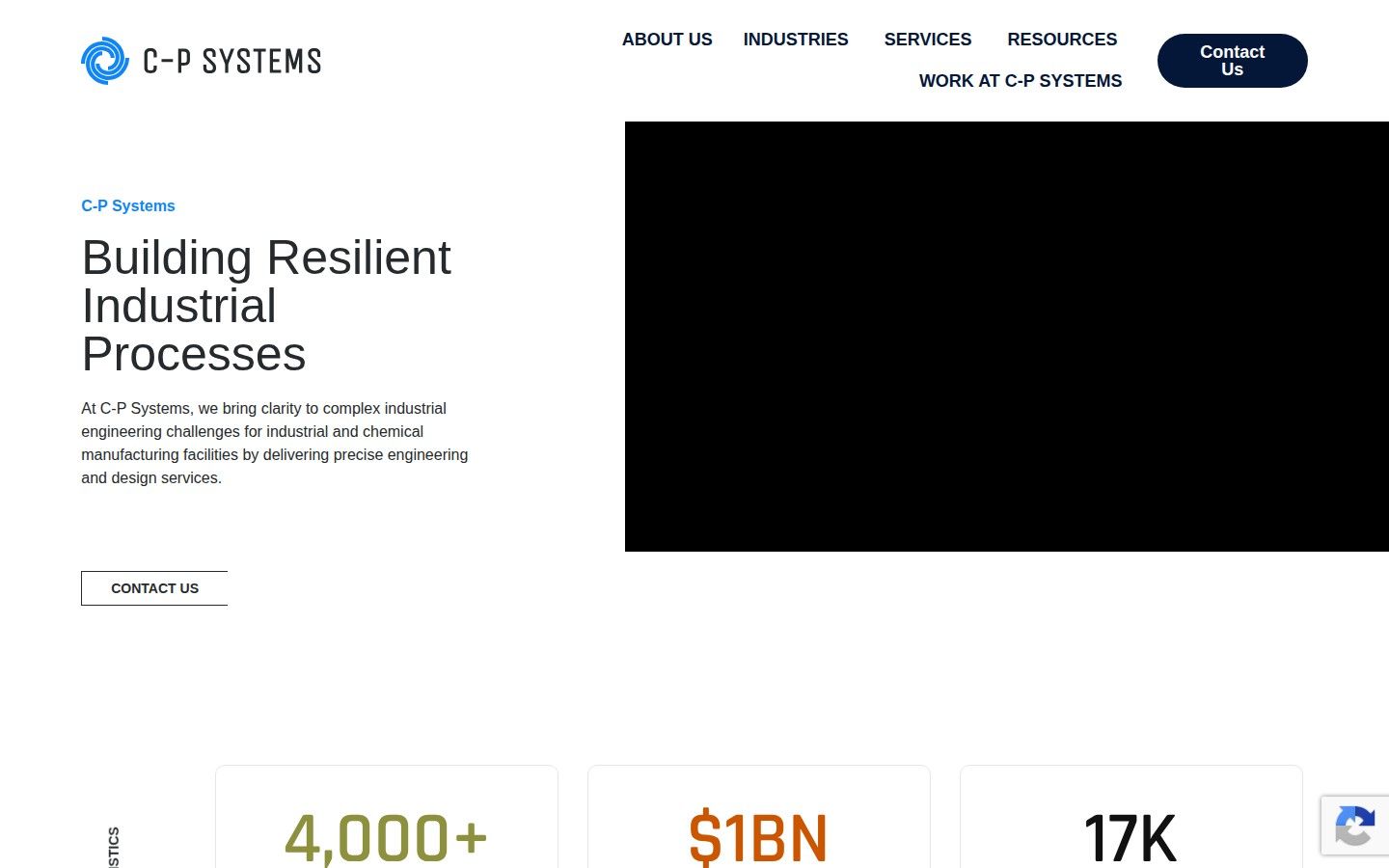 C-P Systems' process engineering homepage, showing services, industries served and a client testimonial