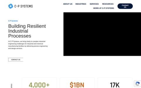 C-P Systems' process engineering homepage, showing services, industries served and a client testimonial