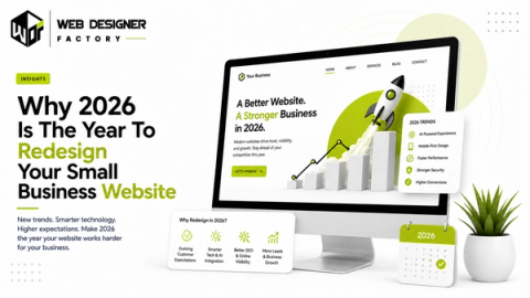 Desktop mockup of a redesigned business website with a rising growth chart and rocket illustration