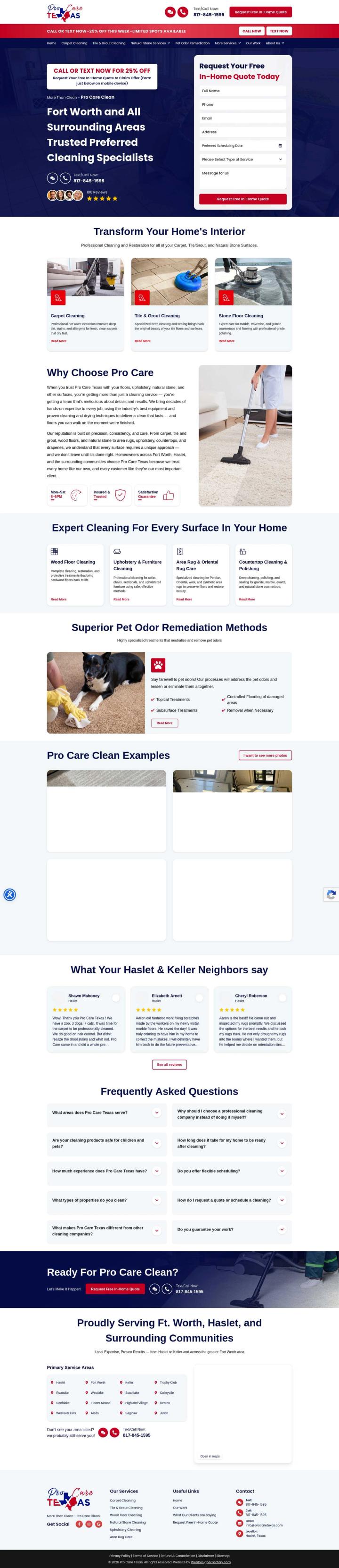 Pro Care Texas's homepage for its Fort Worth-area carpet, tile and upholstery cleaning services, with a quote request form and service area map