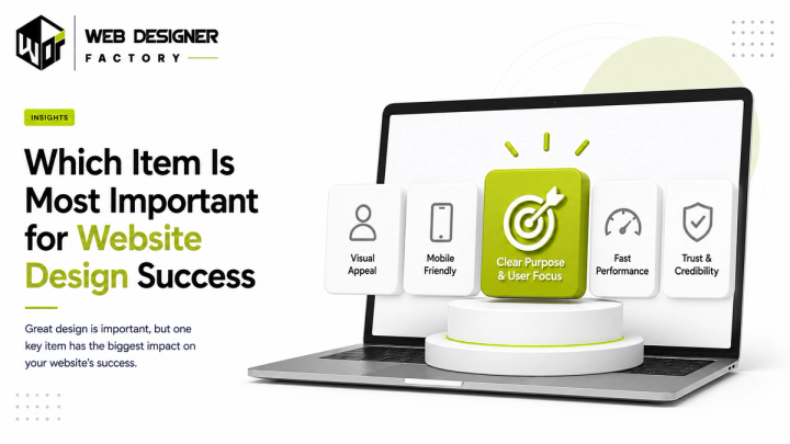 Laptop mockup with a podium display highlighting clear purpose and user focus among website design factors