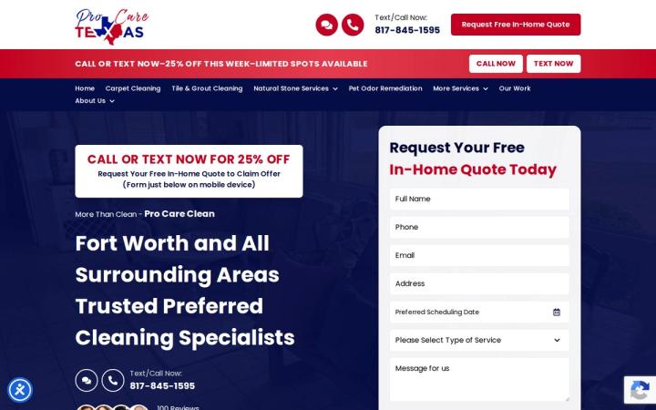 Pro Care Texas's homepage for its Fort Worth-area carpet, tile and upholstery cleaning services, with a quote request form and service area map