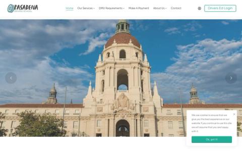 Pasadena Driving School's homepage, showing driver's ed programs and enrollment CTA