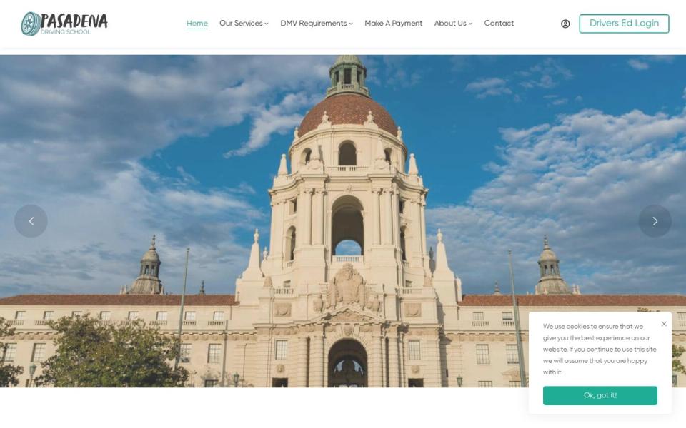 Pasadena Driving School's homepage, showing driver's ed programs and enrollment CTA