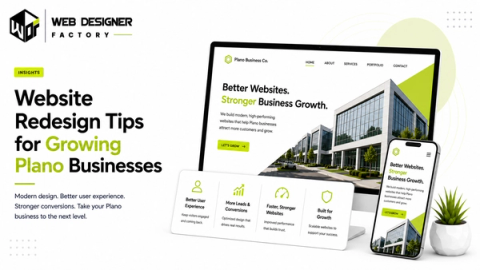 Desktop and phone mockups of a Plano business website homepage over an office building photo