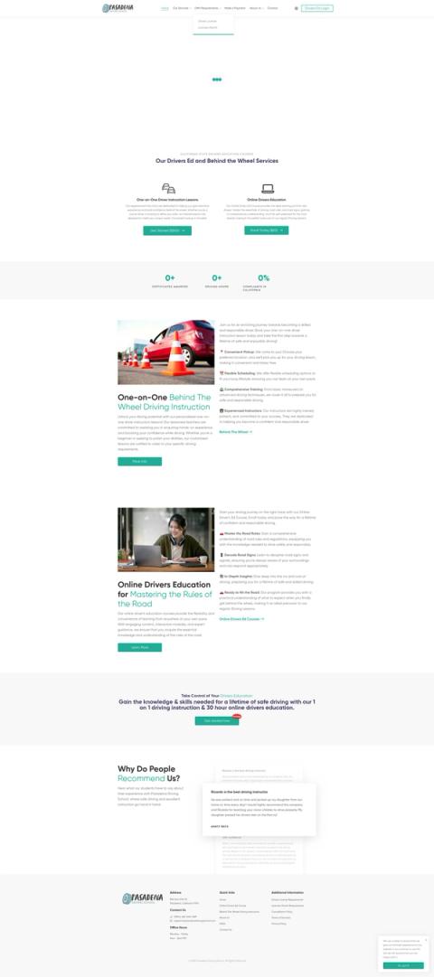 Pasadena Driving School's homepage, showing driver's ed programs and enrollment CTA