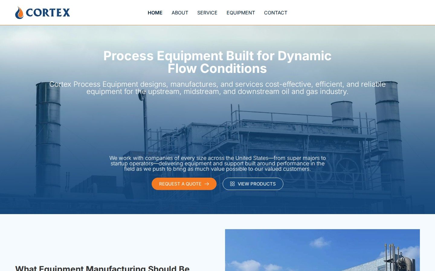Cortex's process-equipment manufacturer homepage, showing services and industries served