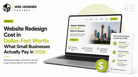 Laptop mockup of a business website homepage over the Dallas skyline beside a website pricing tier card