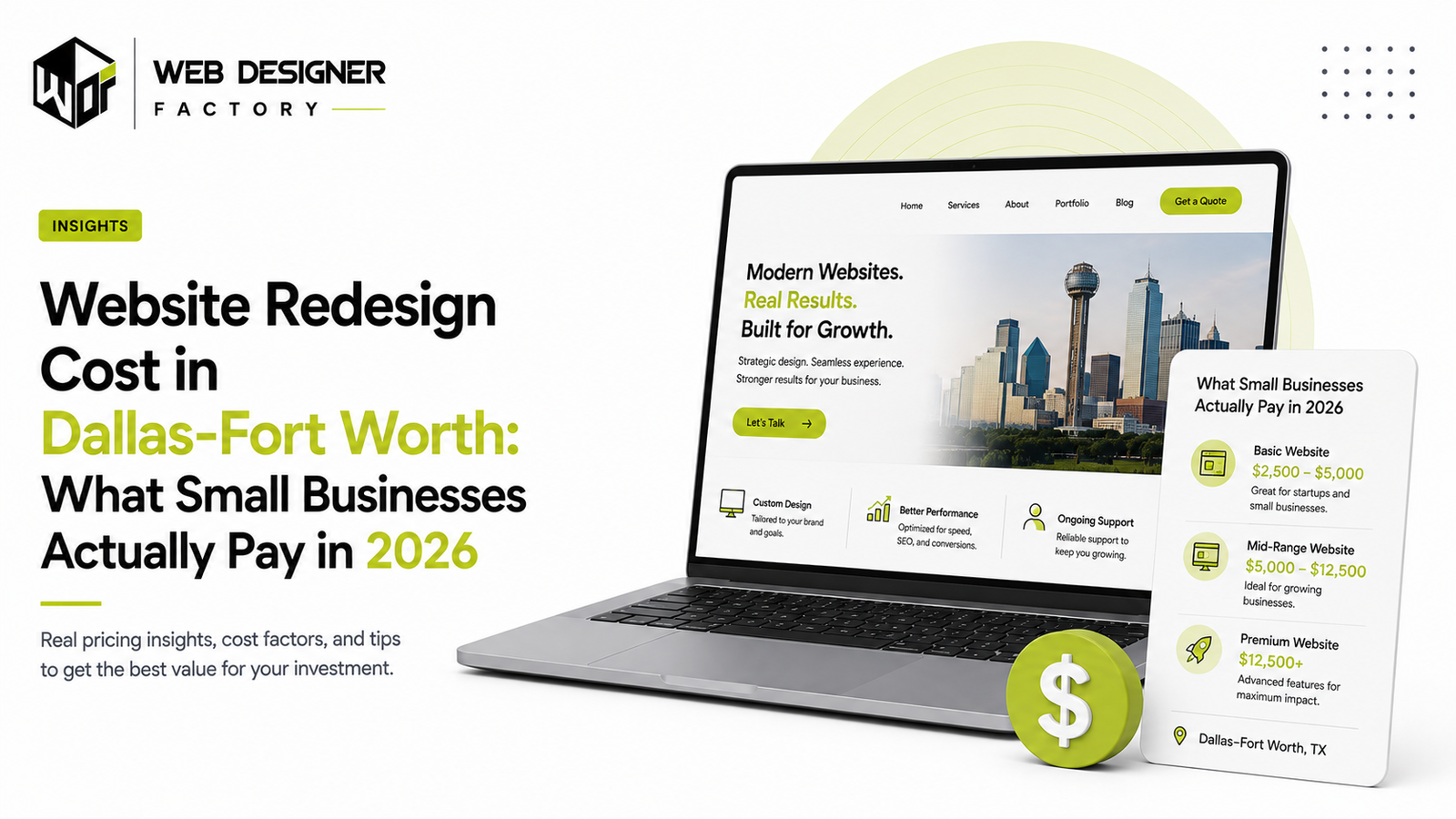 Laptop mockup of a business website homepage over the Dallas skyline beside a website pricing tier card