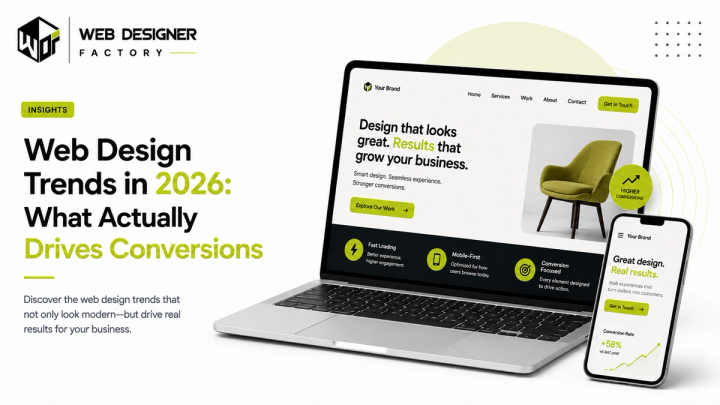 Laptop and phone mockups of a business website homepage with a conversion rate callout
