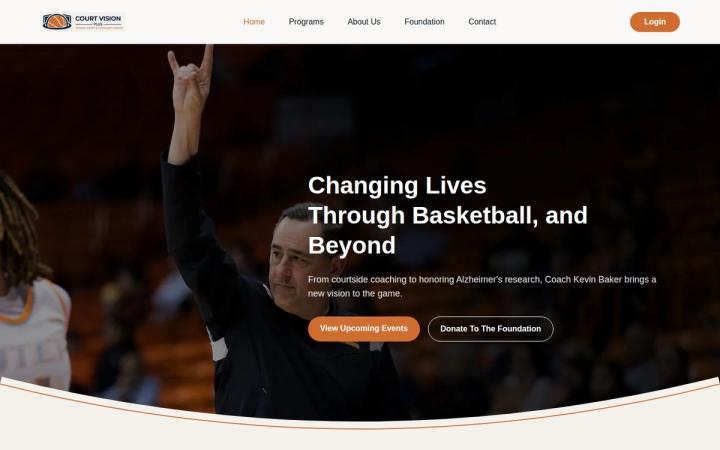 Court Vision Plus homepage, showing Coach Kevin Baker's coaching programs, clinics and a nonprofit donation module
