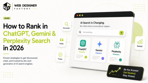 Browser mockup of an AI search interface showing ChatGPT, Gemini and Perplexity answer cards