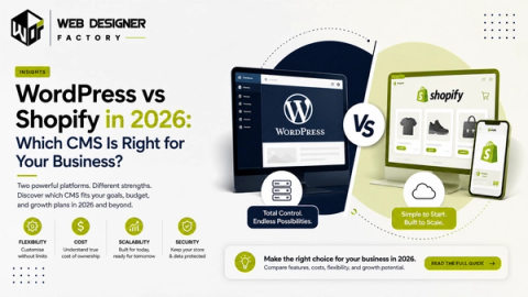 Side-by-side comparison of WordPress and Shopify interface mockups