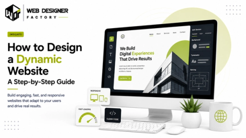 Desktop mockup of a website builder interface with responsive, fast-loading and clean-code callouts