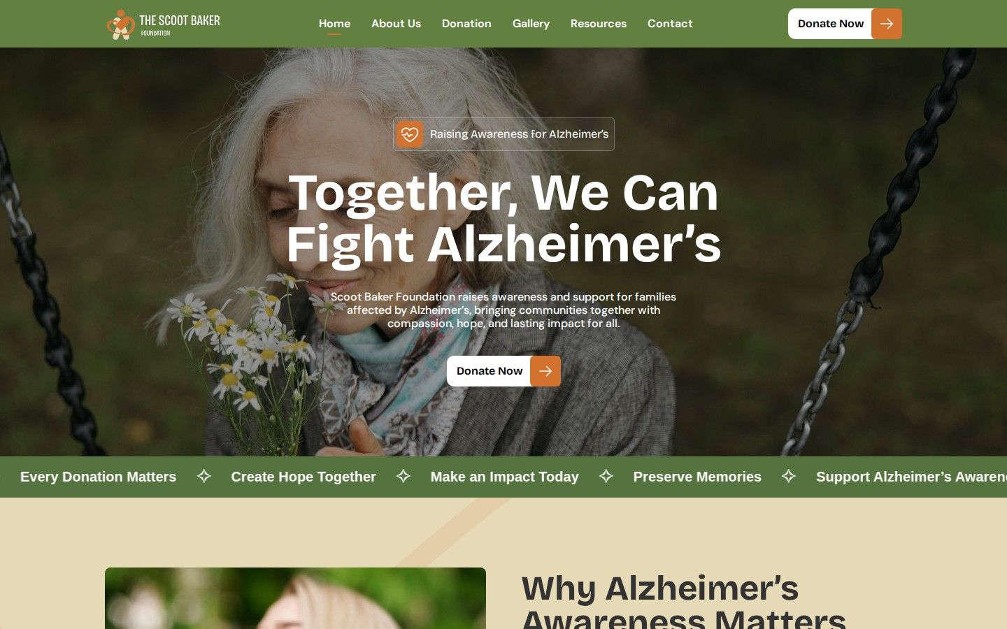 The Scoot Baker Foundation homepage, an Alzheimer's research nonprofit
