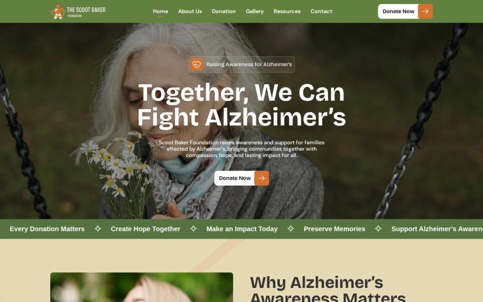 The Scoot Baker Foundation homepage, an Alzheimer's research nonprofit