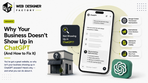 Phone mockup of a ChatGPT conversation about why a business is not showing up in AI answers