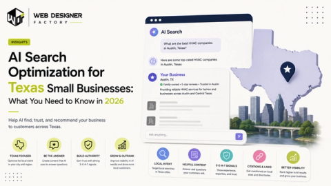 Browser mockup of an AI search assistant answering a question about HVAC companies in Austin, Texas