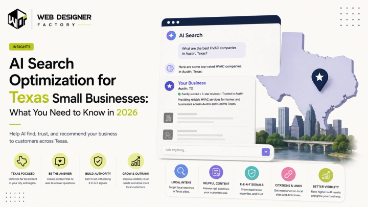 Browser mockup of an AI search assistant answering a question about HVAC companies in Austin, Texas