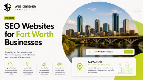 Search bar and Fort Worth, Texas skyline illustration promoting SEO-optimized websites