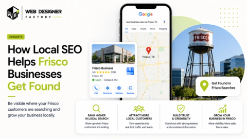Phone mockup of a Google search and map result for a Frisco, Texas business beside the Frisco water tower