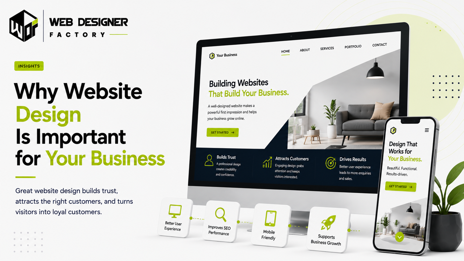 Desktop and phone mockups of a modern business website homepage illustrating the benefits of professional website design