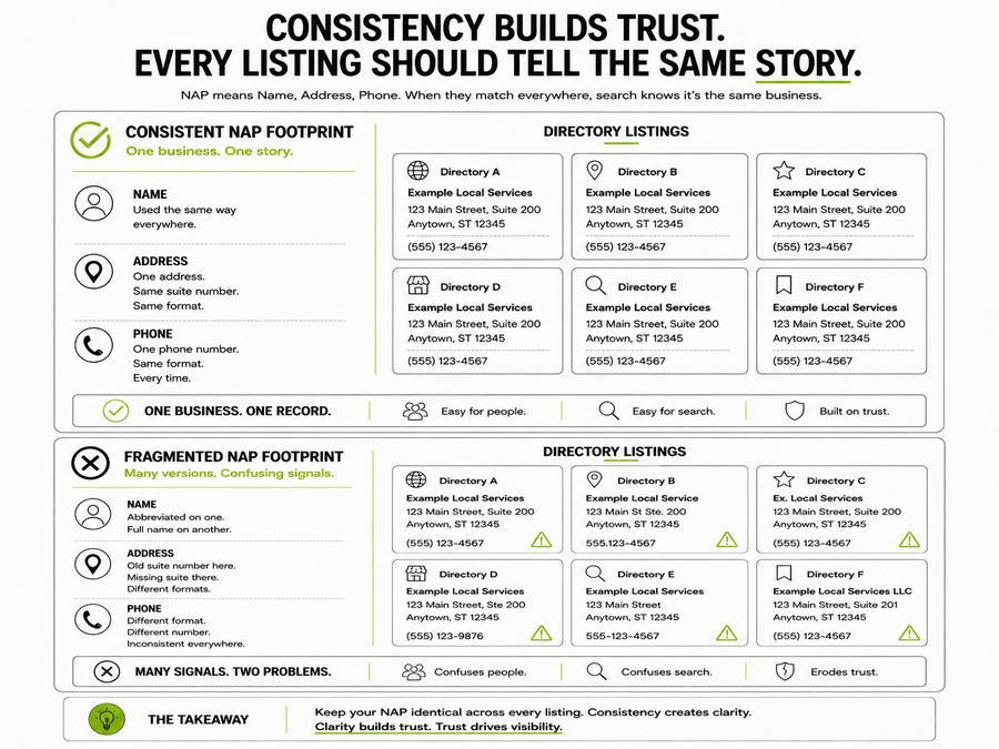 Comparison diagram of a consistent business name, address and phone number across directory listings against a fragmented, inconsistent set of the same listings