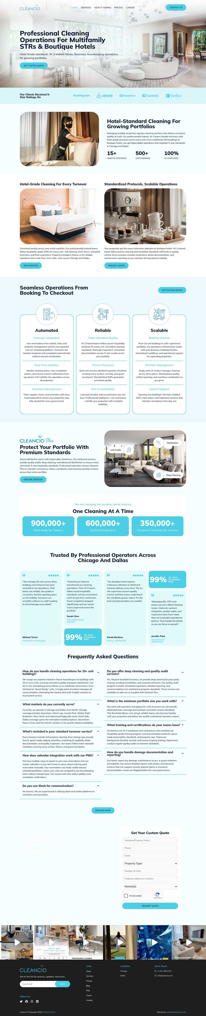 Cleancio's hotel-standard cleaning operations homepage, showing its service overview, client logos and FAQ sections