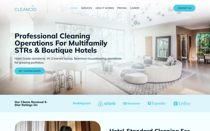 Cleancio's hotel-standard cleaning operations homepage, showing its service overview, client logos and FAQ sections