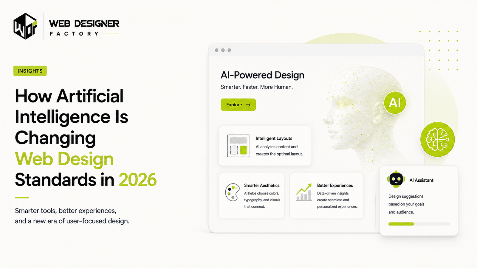 Browser mockup of an AI-powered design interface with intelligent layout and design suggestion panels