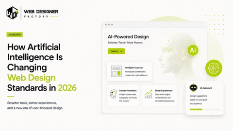 Browser mockup of an AI-powered design interface with intelligent layout and design suggestion panels