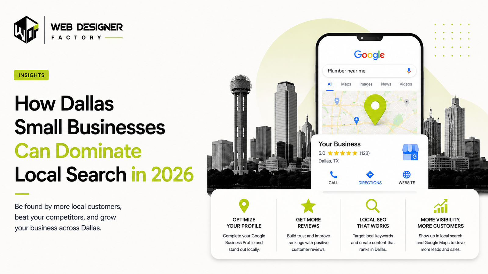 Phone mockup of a Google Maps local search result over the Dallas skyline