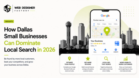 Phone mockup of a Google Maps local search result over the Dallas skyline