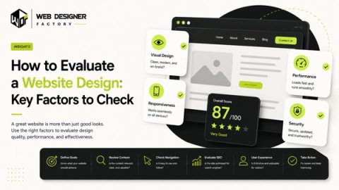 Browser mockup with an overall design score and cards for visual design, responsiveness, performance and security