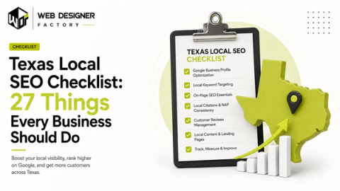 Clipboard checklist of local SEO tasks beside a 3D Texas outline with a growth arrow