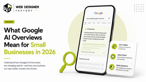 Phone mockup of a Google AI Overview search result answering a marketing agency question