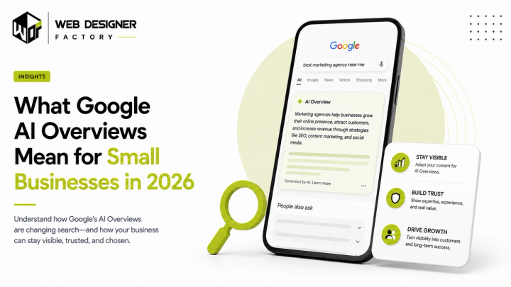 Phone mockup of a Google AI Overview search result answering a marketing agency question
