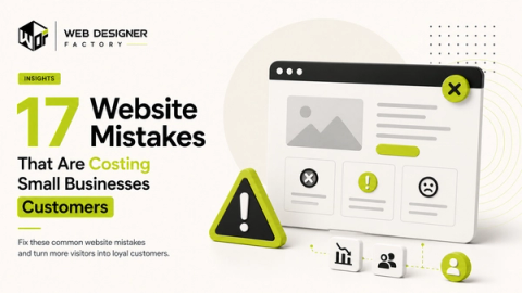Browser mockup with warning icons highlighting common website mistakes