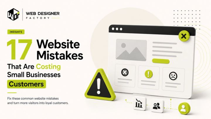Browser mockup with warning icons highlighting common website mistakes