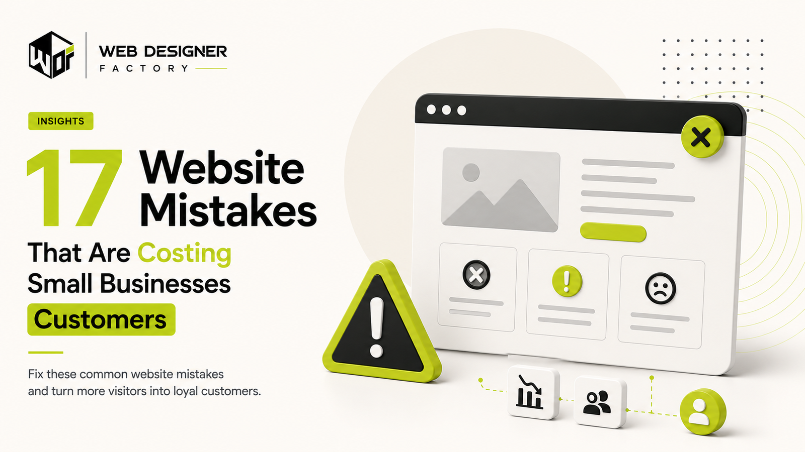 Browser mockup with warning icons highlighting common website mistakes