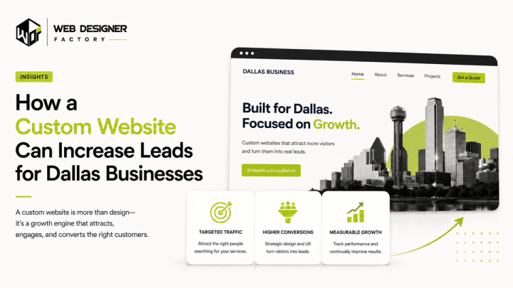 Mockup of a custom Dallas business website homepage over the city skyline
