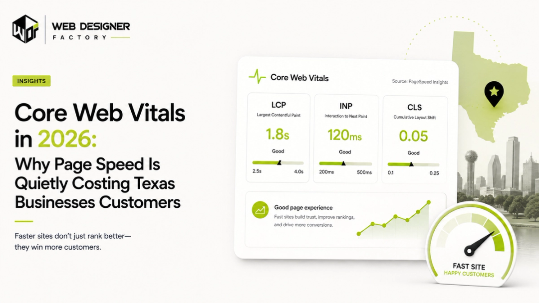 Core Web Vitals dashboard showing LCP, INP and CLS scores beside a page-speed gauge