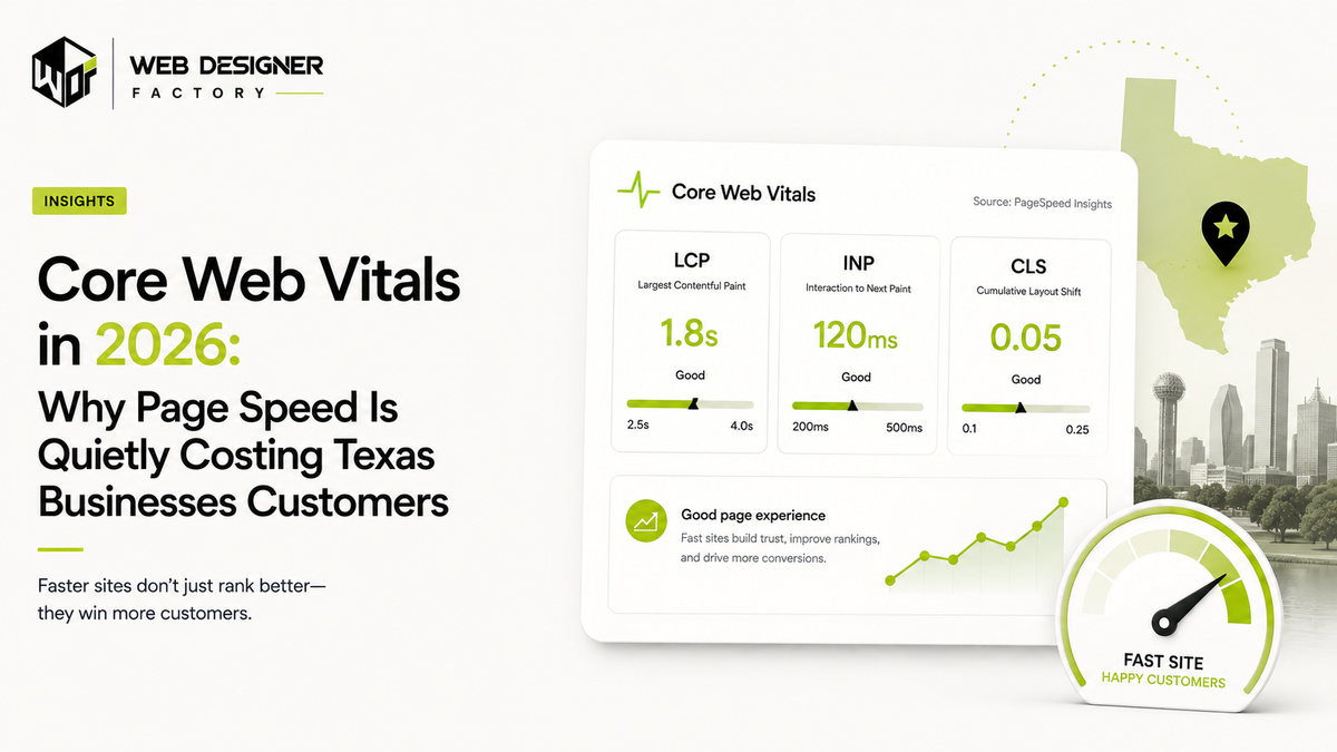 Core Web Vitals dashboard showing LCP, INP and CLS scores beside a page-speed gauge