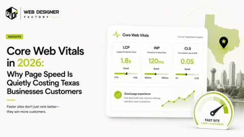 Core Web Vitals dashboard showing LCP, INP and CLS scores beside a page-speed gauge