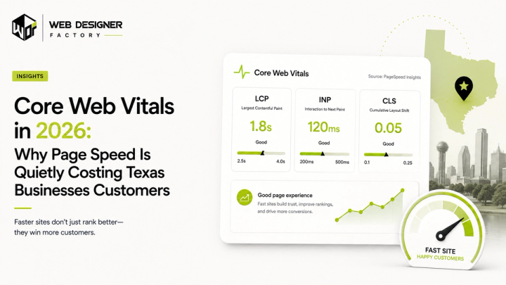 Core Web Vitals dashboard showing LCP, INP and CLS scores beside a page-speed gauge